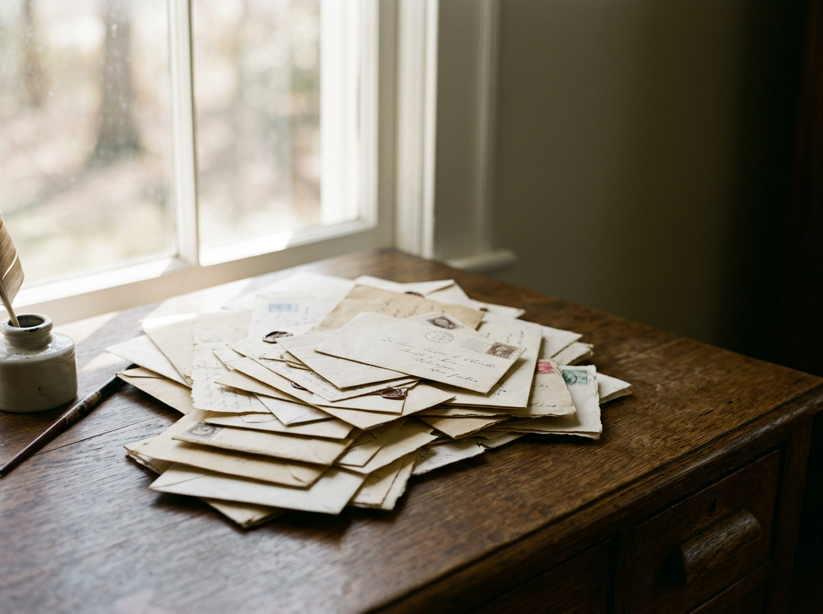 A wooden desk near a window with scattered vintage letters and postcards, a quill pen, and an ink bottle.