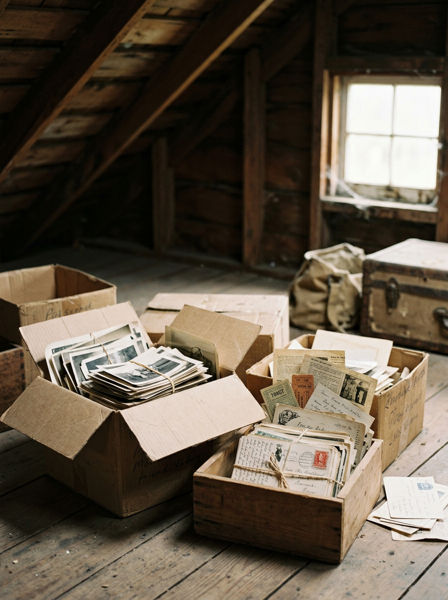 Boxes filled with vintage photographs and postcards on a wooden floor in an attic with a small window.