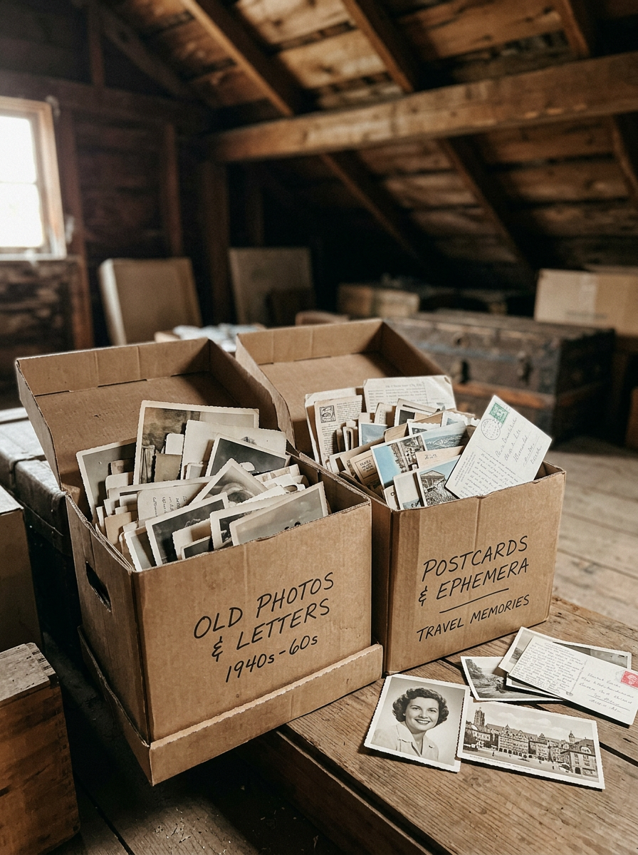 Two cardboard boxes filled with vintage postcards and photographs sit on a wooden table inside a rustic attic with wooden walls and ceiling. The boxes are labeled "Old Photos & Letters 1940s-60s" and "Postcards & Ephemera Travel Memories." Some postcards and photos are laid out on the table in front of the boxes.