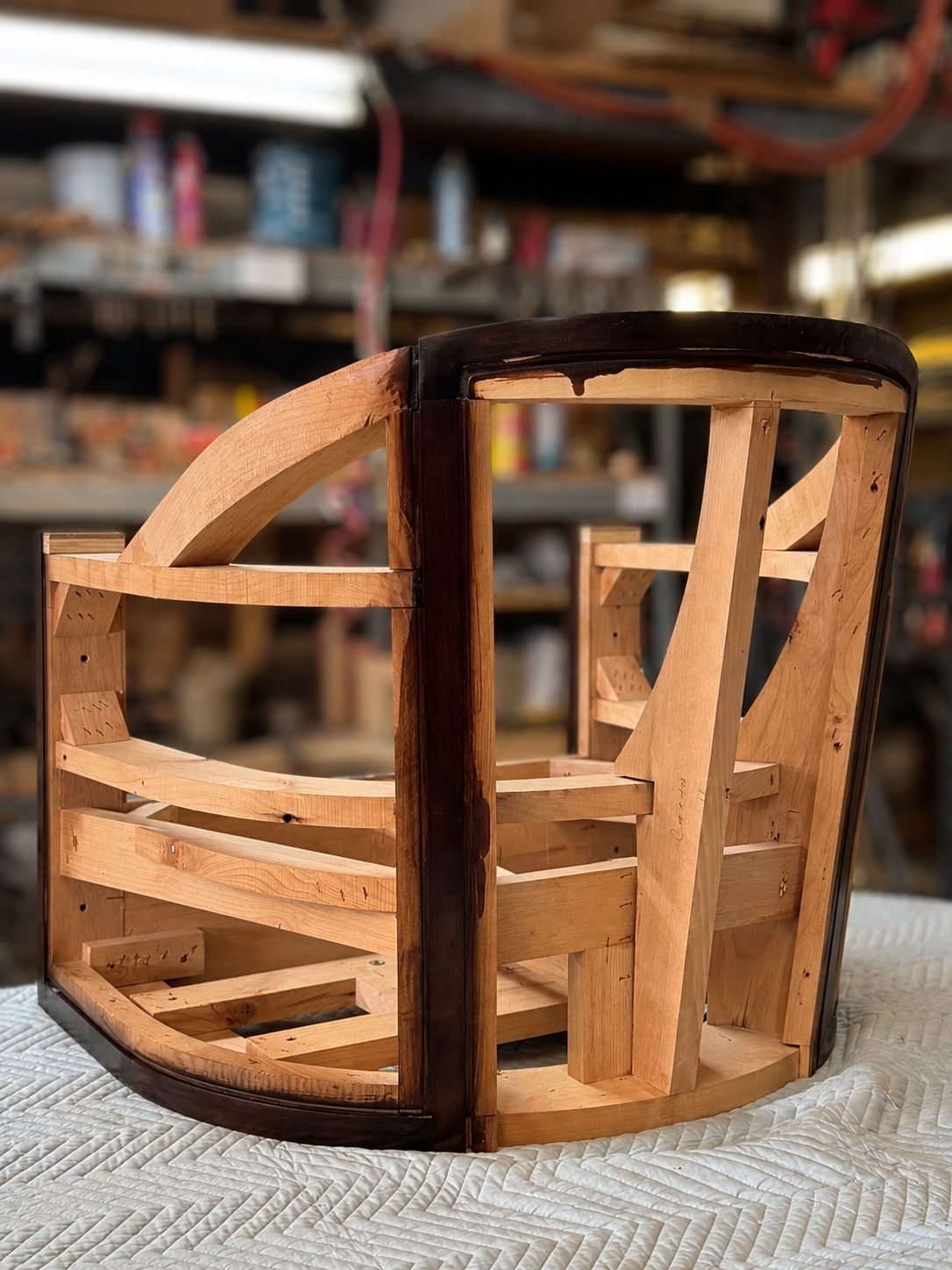 Wooden armchair frame in the workshop before upholstery