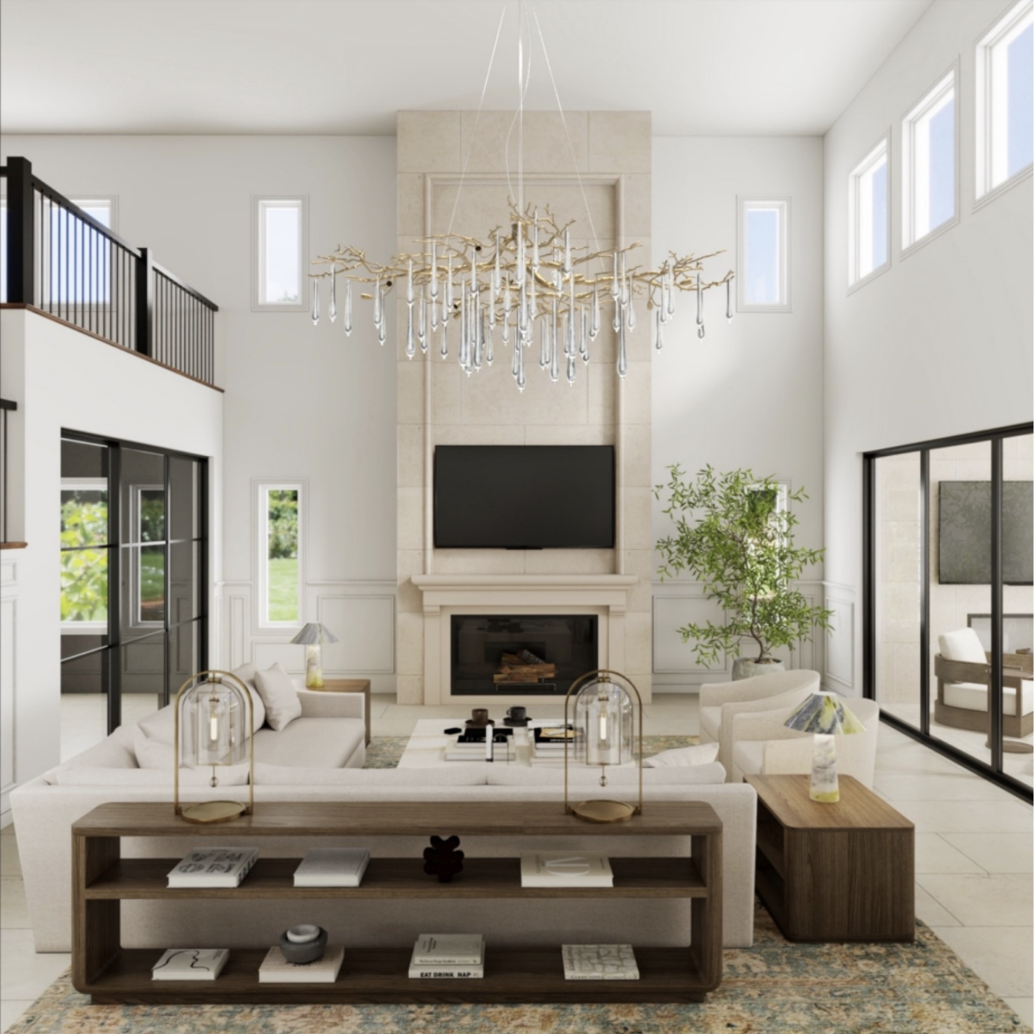 Rendering of the double-height living room at Valley View in Chatsworth, with a branching crystal chandelier above the fireplace and a white sofa