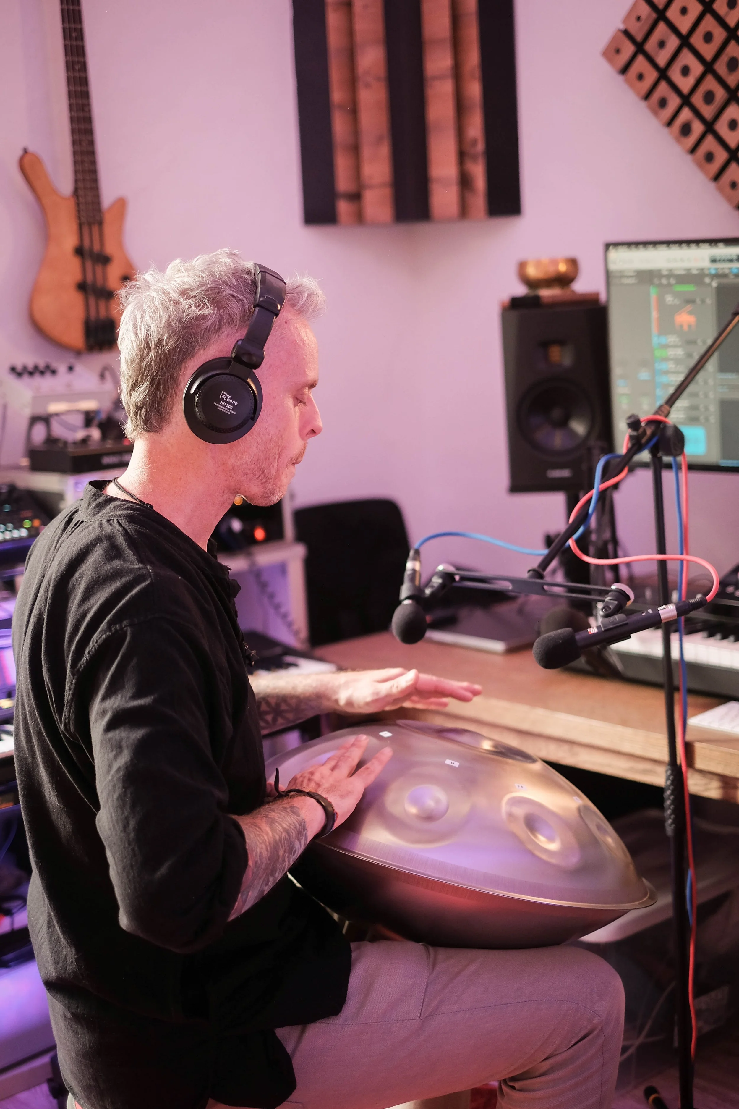 Michael Reiley recording handpan in the studio