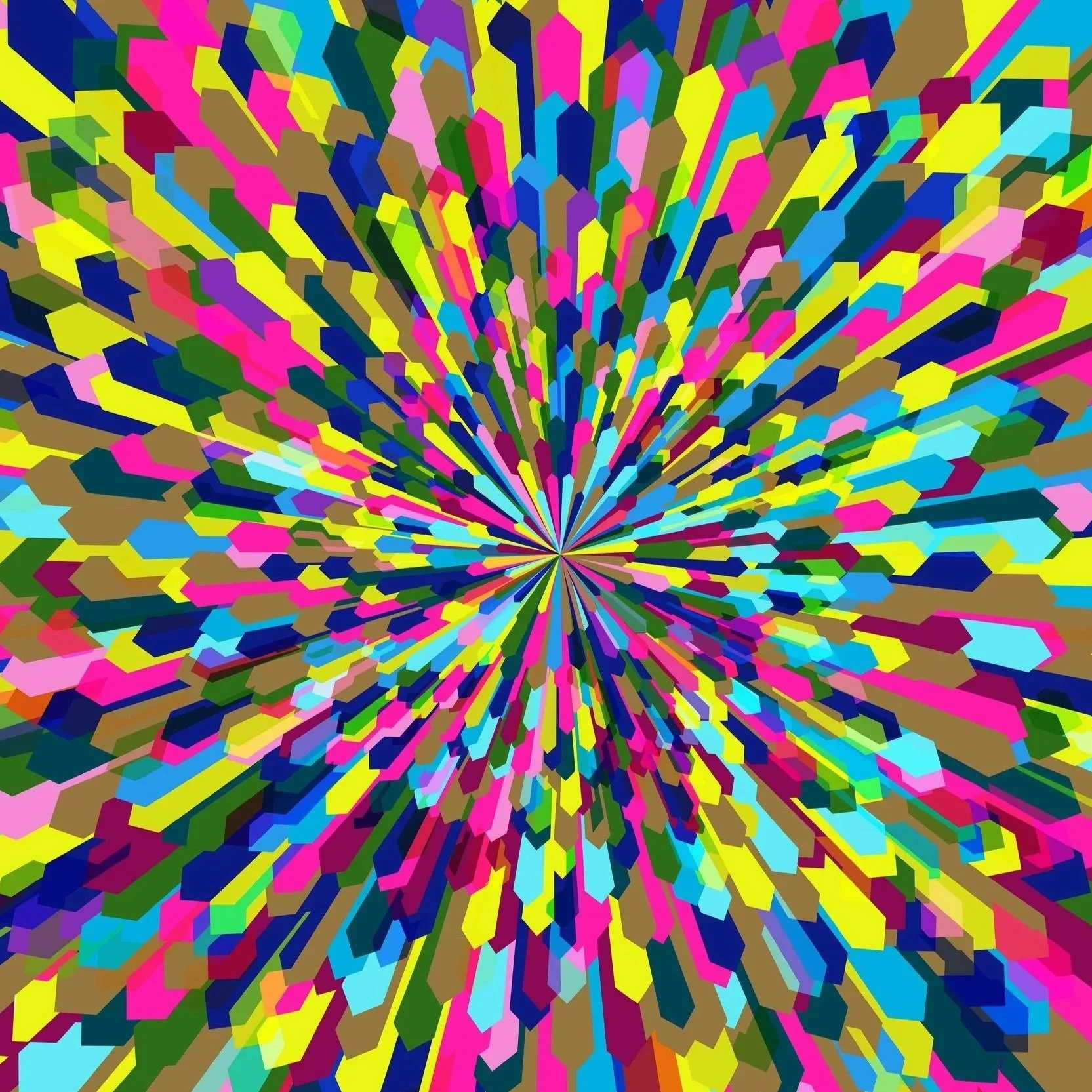 SLIDE 3/6: Evoking the spirit of "The Future of Opera", bold and saturated colors radiate from a center point. The shapes are semi transparent, like rays of colourful beams of light.