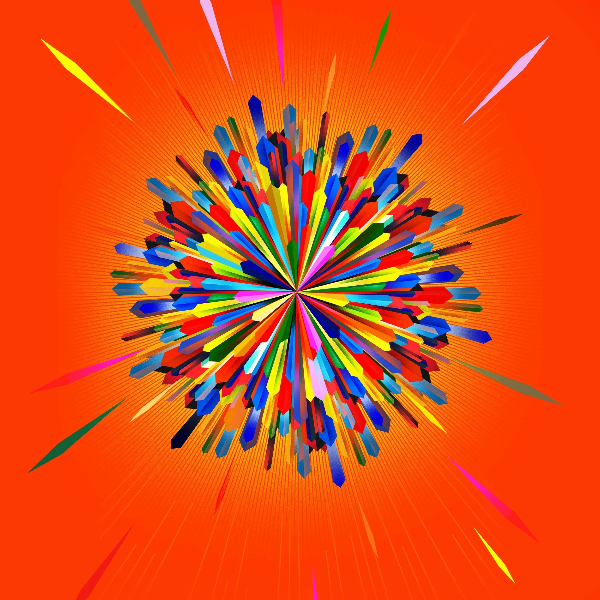 SLIDE 5/6: From gradients to a kaleidoscopic mix of colourful beams of light, the rays take on the beveled shapes of the chandelier, becoming more 3D in appearance. The burst explodes from a brilliant bold background like fireworks.