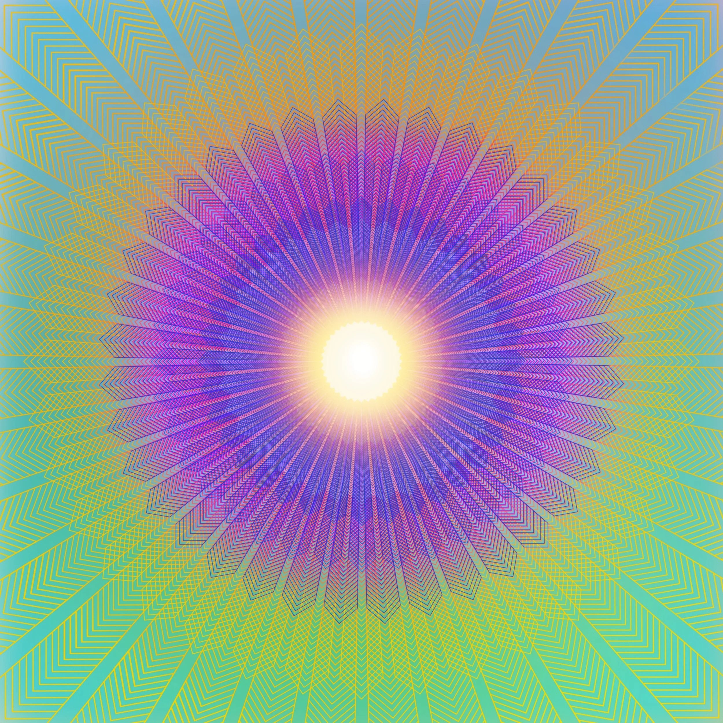 SLIDE 6/6: In its final form, concentric rings of fine lines radiate outward from a glowing, tranquil center of light, creating a sense of breath, movement, and infinite possibility. The effect evokes optimism and wonder, inviting the viewer to move 