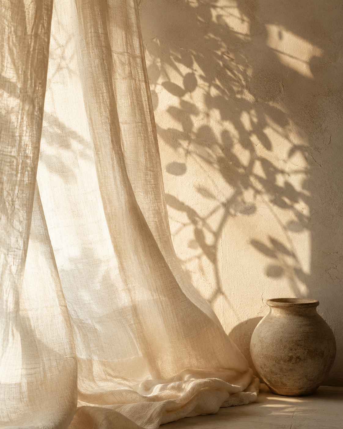 Sunlight filters through a sheer curtain, casting shadows of leaves on a textured wall beside a ceramic vase.