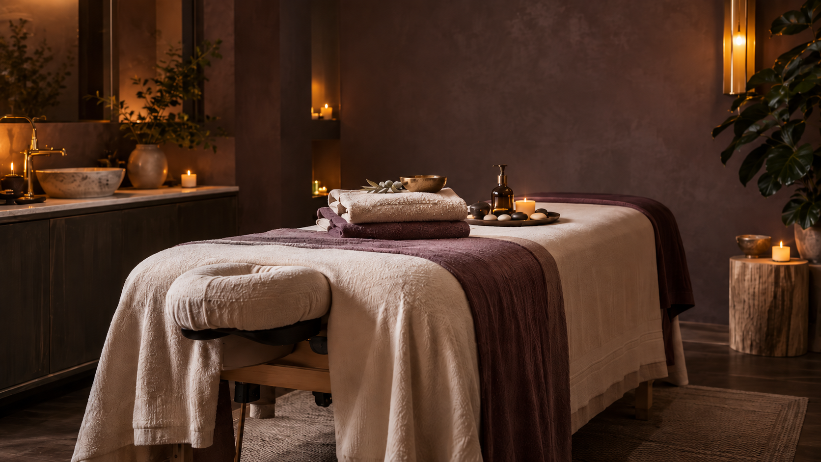 A massage table in a dimly lit spa room with candles and decorative stones, creating a calming atmosphere.