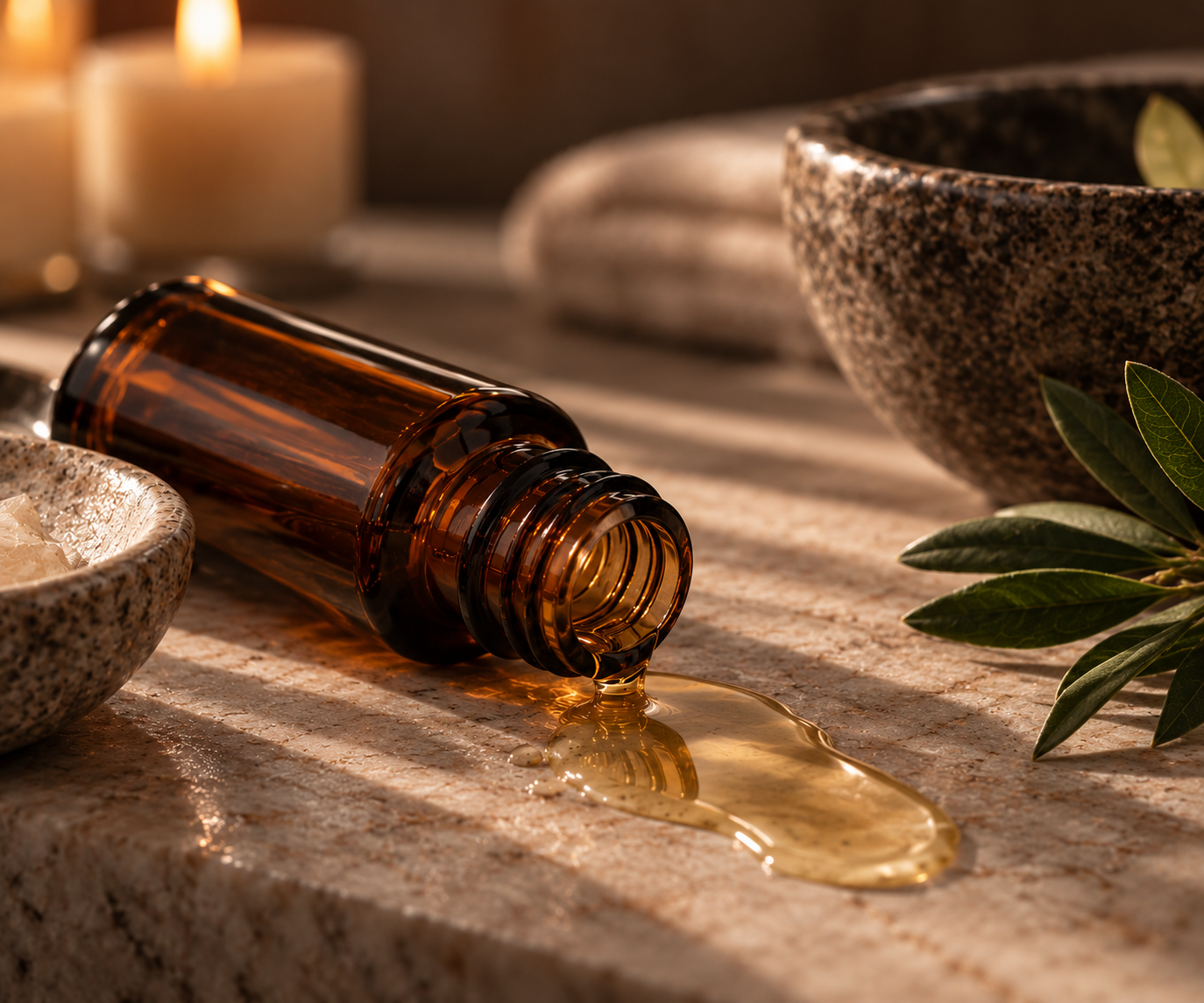 An amber glass bottle tipped over on a stone surface, spilling a golden liquid, with candles and bowls in the background, and green leaves nearby.