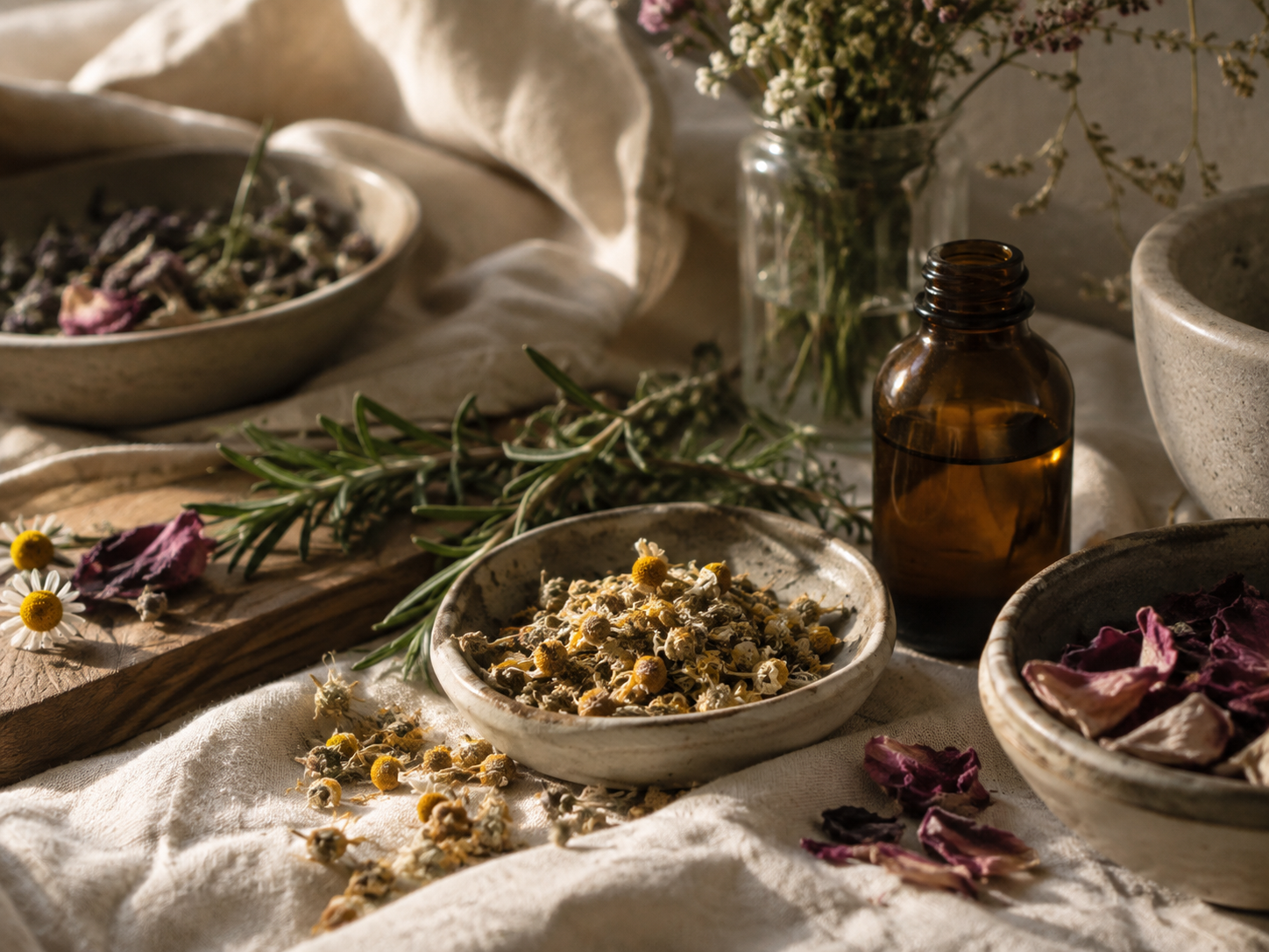 A still life arrangement of dried herbs, flowers, and essential oils on a table with natural sunlight.