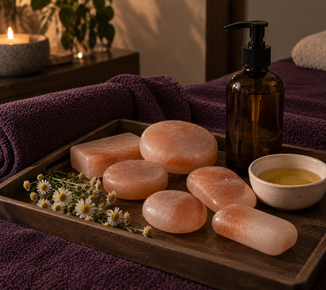 A tray with pink Himalayan salt stones, a bunch of chamomile flowers, a bowl of green herbal tea, a brown pump bottle potentially containing massage oil, and a purple towel on a massage table, with a candle and a plant in the background.