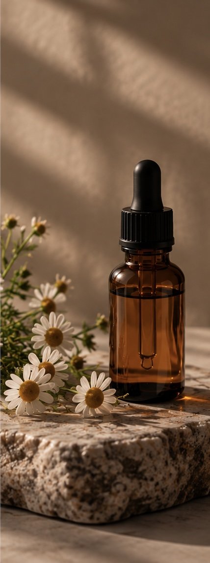 A small amber glass dropper bottle with a black dropper cap placed on a rough stone surface, accompanied by white daisies with yellow centers, against a softly lit neutral background.