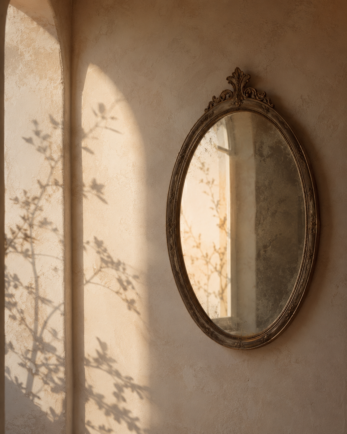 An ornate oval mirror hanging on a beige wall, with tree branch shadows cast on the wall beside it, in warm sunlight.