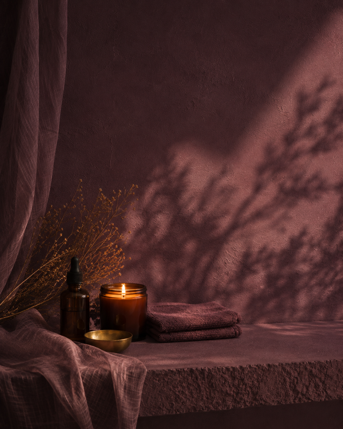 A cozy, dimly lit spa or relaxation space with a lit candle, a small dropper bottle, folded towels, dried flowers, sheer fabric, and textured pink walls.