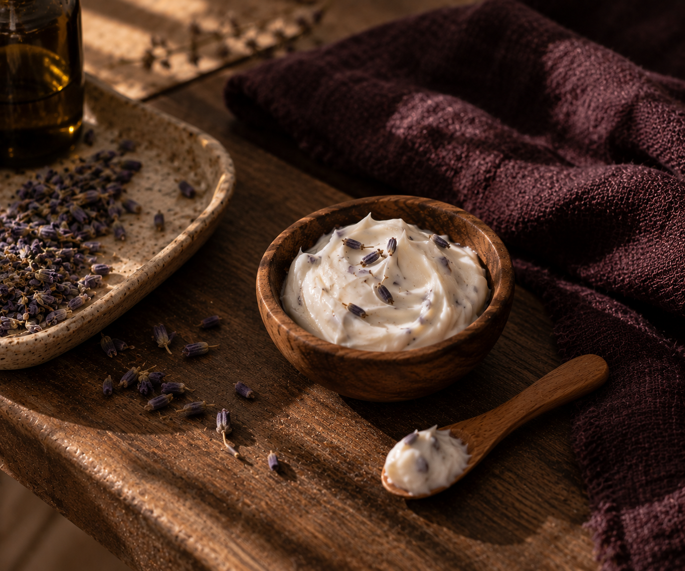 A bowl of lavender-infused cream or yogurt topped with lavender flowers on a wooden surface, with dried lavender and a spoon nearby, and a purple textured cloth in the background.