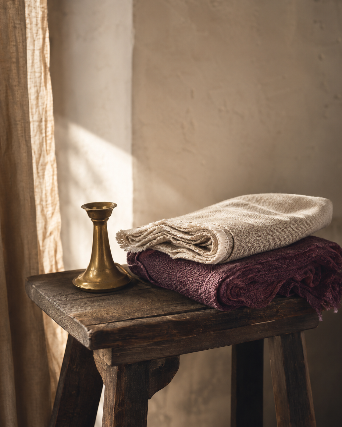 A wooden table with a brass candlestick and two folded towels, one cream and one purple, next to a window with sunlight streaming in.