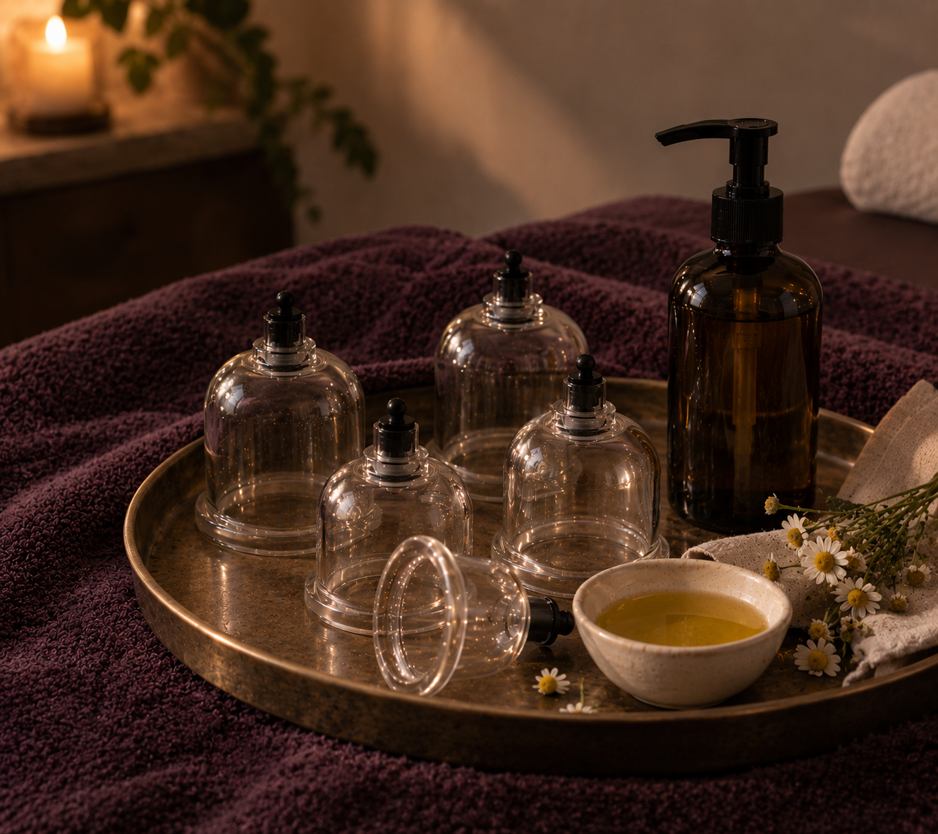 A brass tray on a purple towel holding glass bottles, a brown soap dispenser, a bowl of green herbal oil, and white daisies with a cloth. Soft ambient light in the background.
