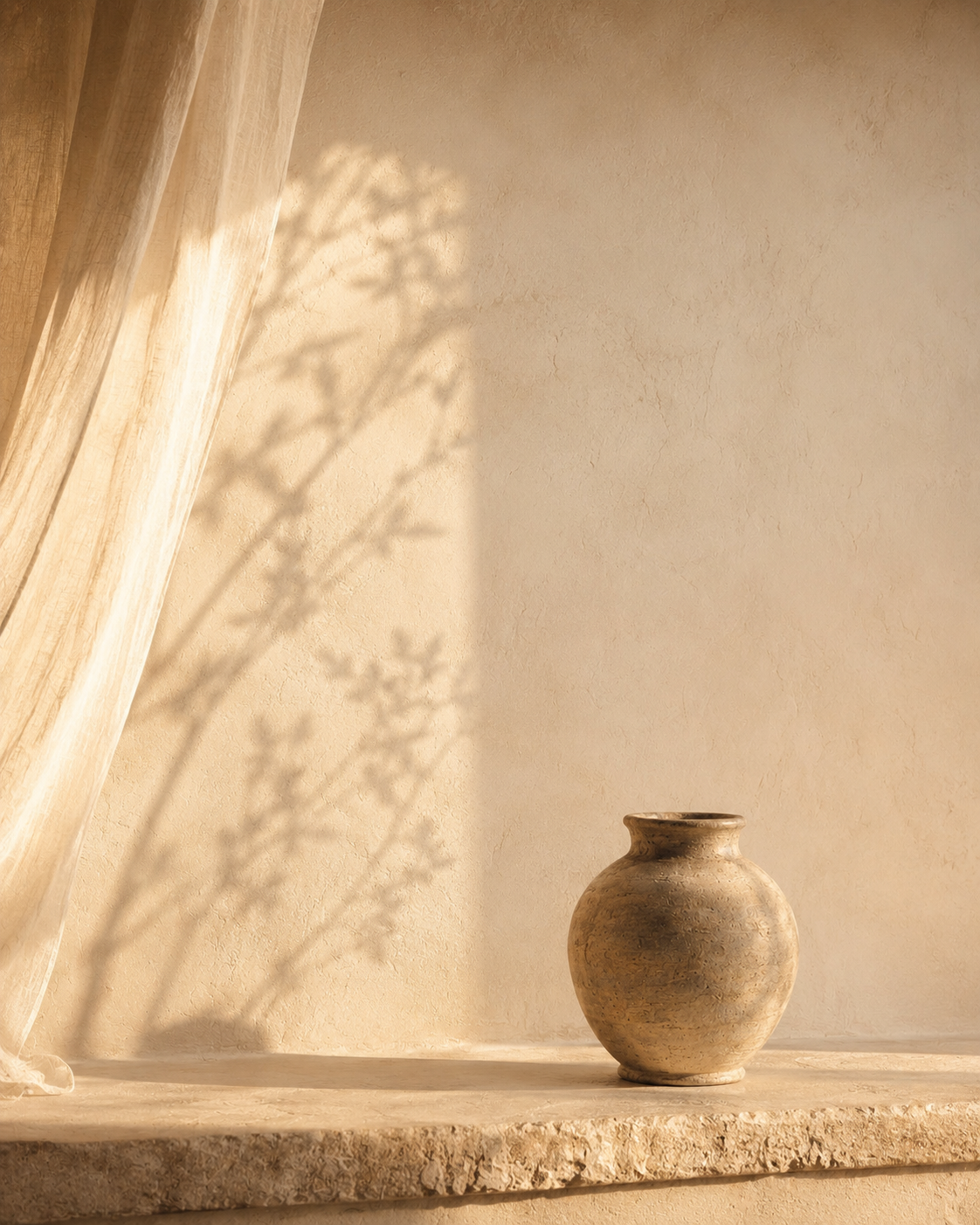 A textured beige wall with a shadow of a plant cast on it, a beige curtain on the left, and a round, rustic ceramic vase on a stone ledge.