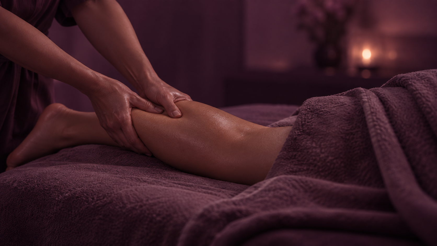 A person receiving a massage on their leg in a dimly lit spa room with candles.