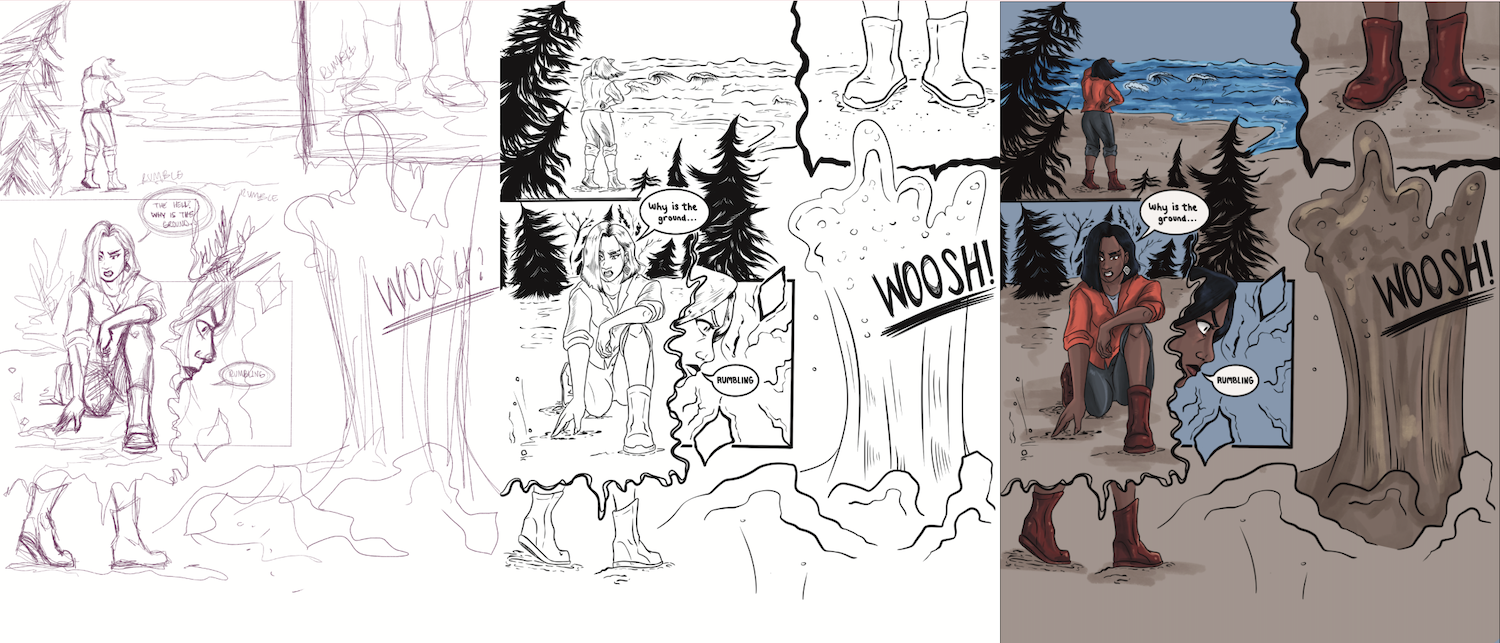 A process of creating a comic illustration, showing initial sketch, inks, and colored version of a woman fishing by a lake in a forest, with a speech bubble asking 'Why is the ground...' and an action with a splash and sound effect 'WOOSH!'