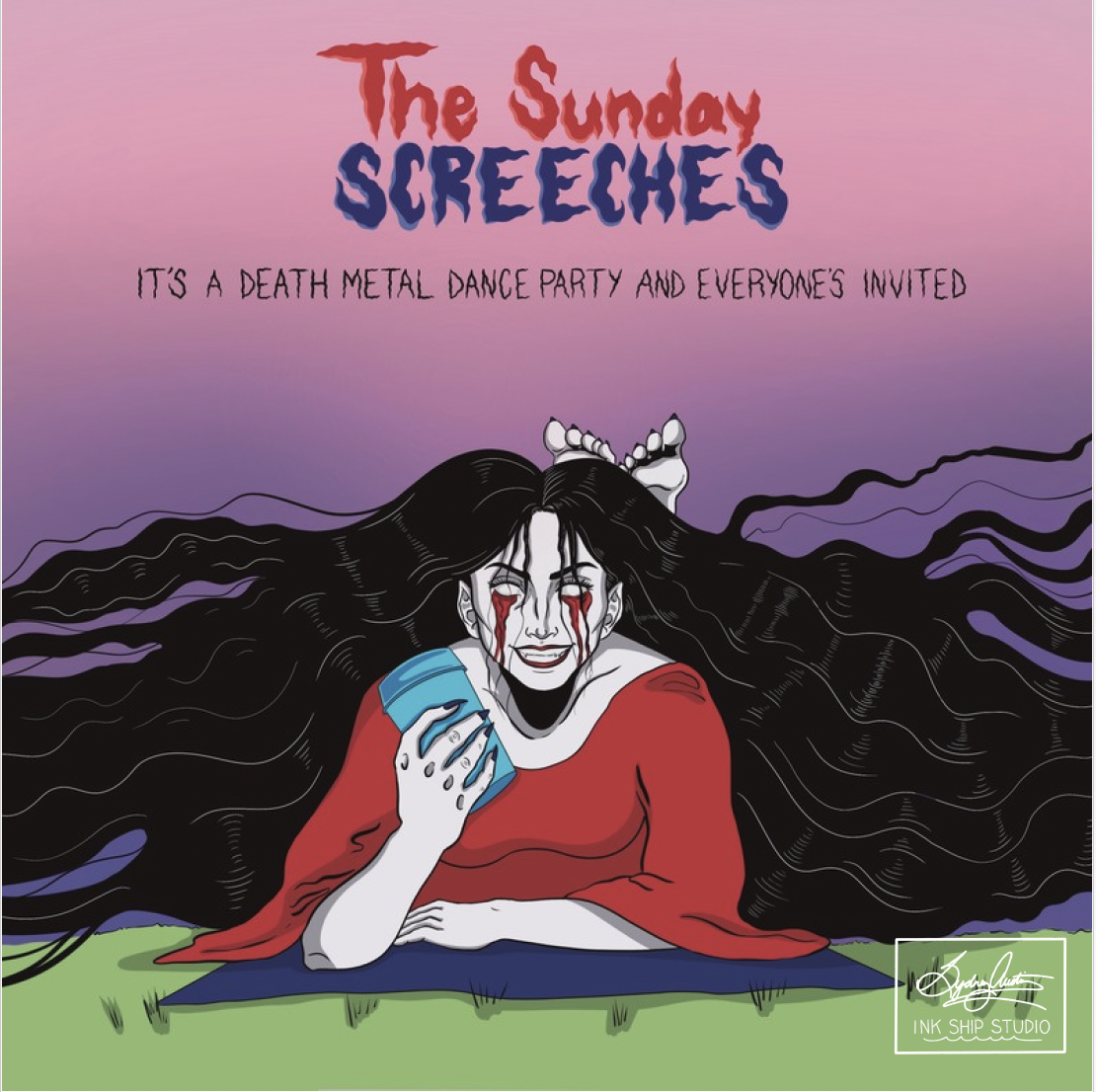 Poster for 'The Sunday Screeches', featuring a woman with long black hair, crying blood, holding a blue beverage can, lying on a blue blanket on the grass, with a purple gradient background and the text 'It's a death metal dance party and everyone's 