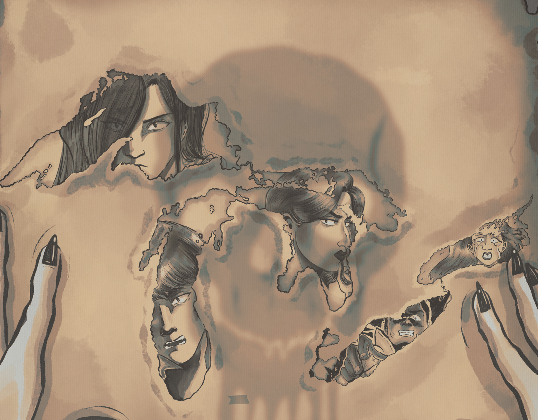 Illustration of multiple female characters with intense and angry facial expressions, holding guns, with smoke or clouds surrounding their heads.