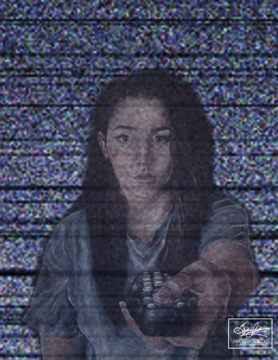 A woman with dark, curly hair taking a selfie while holding a TV remote, blurred and distorted image with a gritty, noisy background.