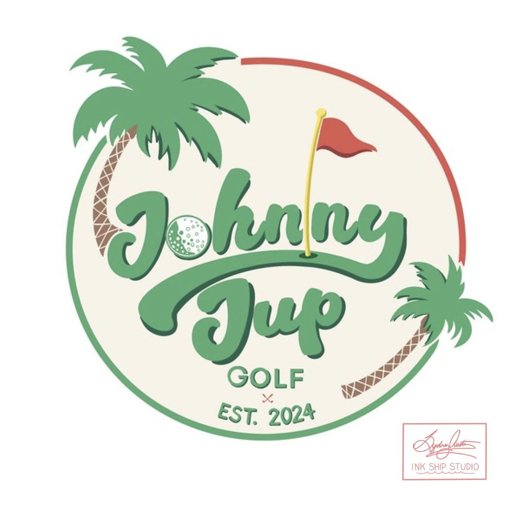Logo for Johnny Jup Golf, featuring a palm tree, a golf ball, and a red flag, with the text 'Johnny Jup Golf' and 'EST. 2024'.