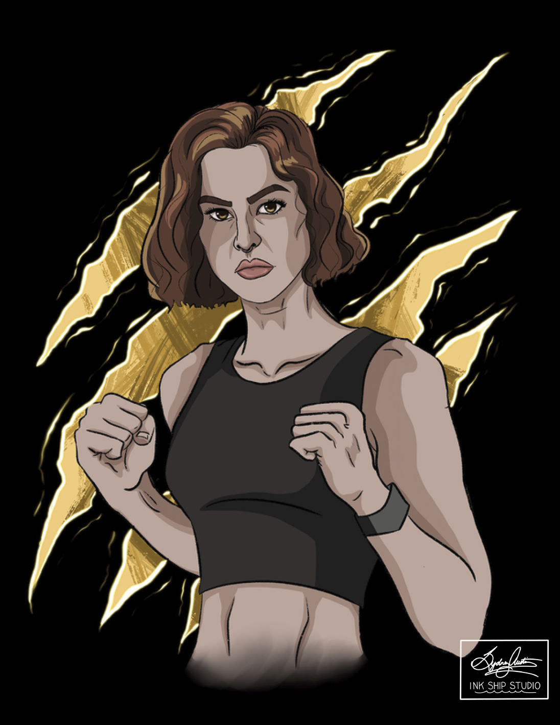 Digital illustration of a woman with short wavy brown hair, wearing a black sports bra, with a determined expression, fists clenched, standing in front of a black background with yellow lightning streaks.