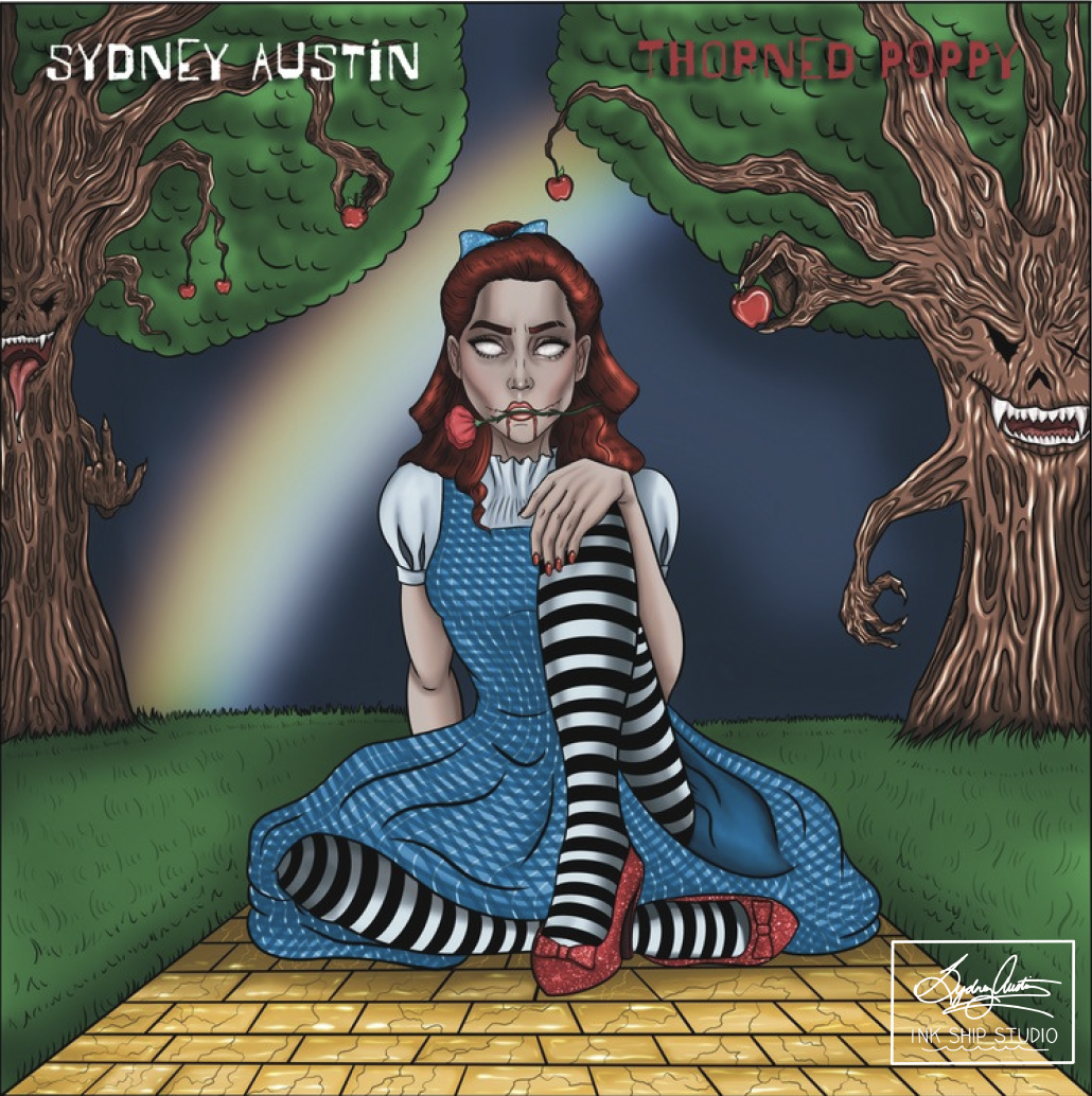 Illustration of Dorothy from The Wizard of Oz sitting on a yellow brick road with a dark, ominous sky. She has white eyes, red hair, and is wearing a blue dress with a checkered pattern, striped black and white stockings, and red shoes. She holds a r