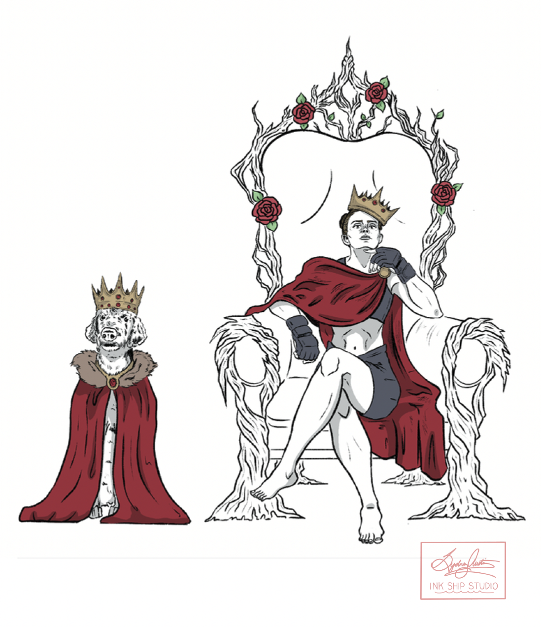Drawing of a young man with a crown, sitting on an ornate throne with roses and vines, wearing a red cape and black shorts, and a dog with a crown and red cape sitting beside him.