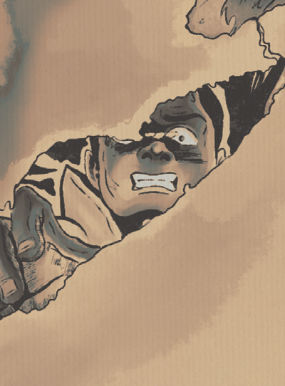 A person with a distressed or angry expression looking through a torn piece of paper.