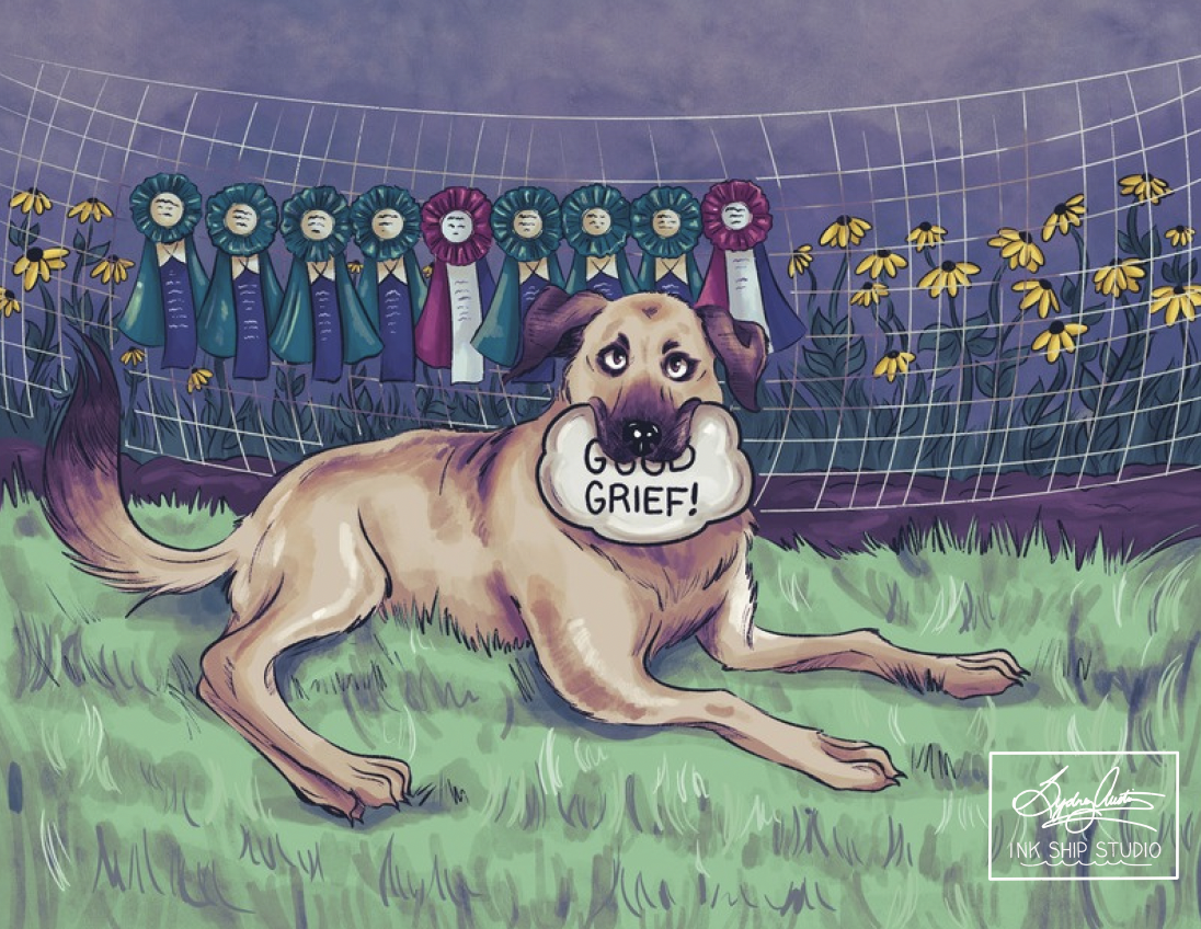 Illustration of a lab mix holding a toy that says "good grief!" The dog is laying on the grass against a blue-purple background and medals won during agility contests.