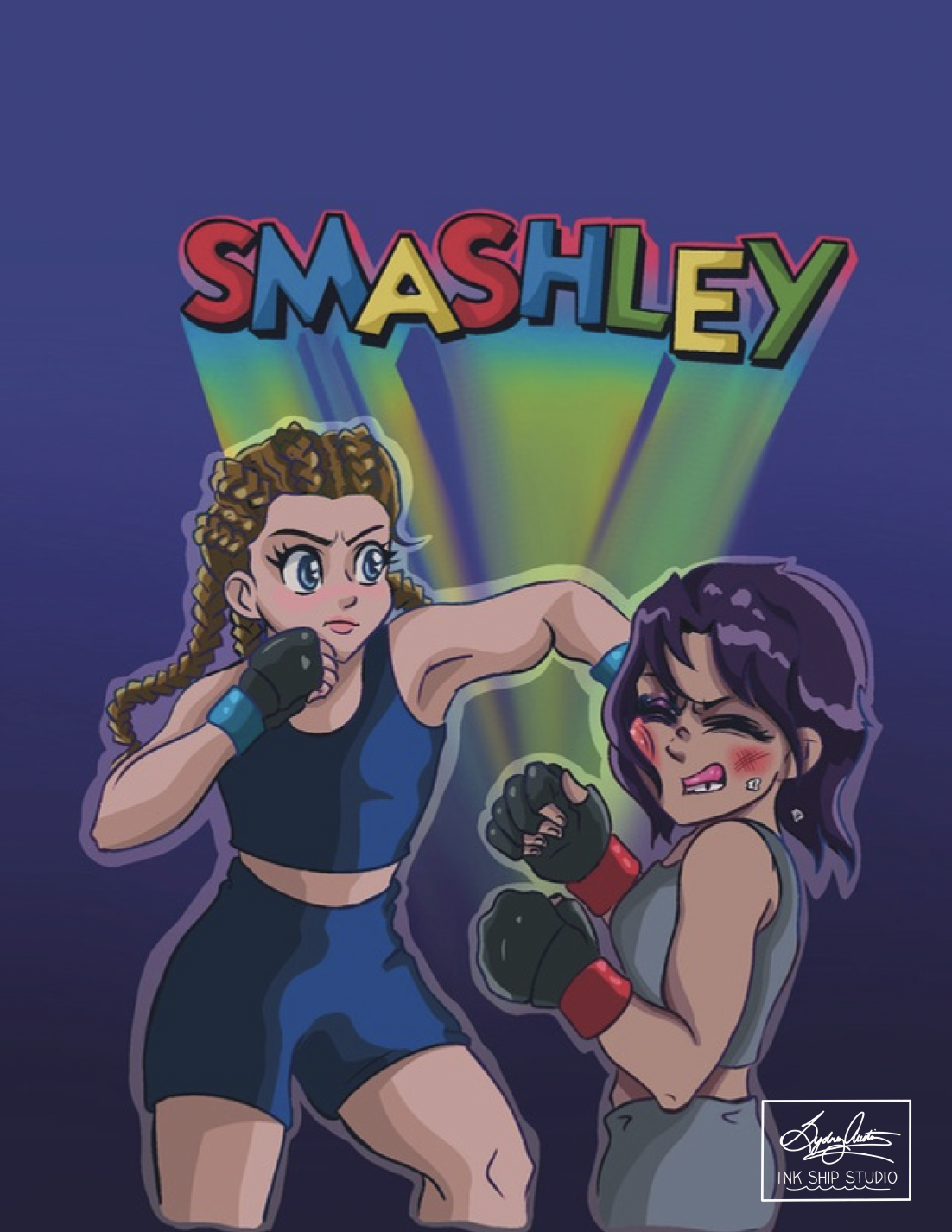 Digital illustration of two women boxing, with one delivering a punch to the other's face. The background features colorful light beams and the word 'SMASHLEY' in bold, colorful letters.
