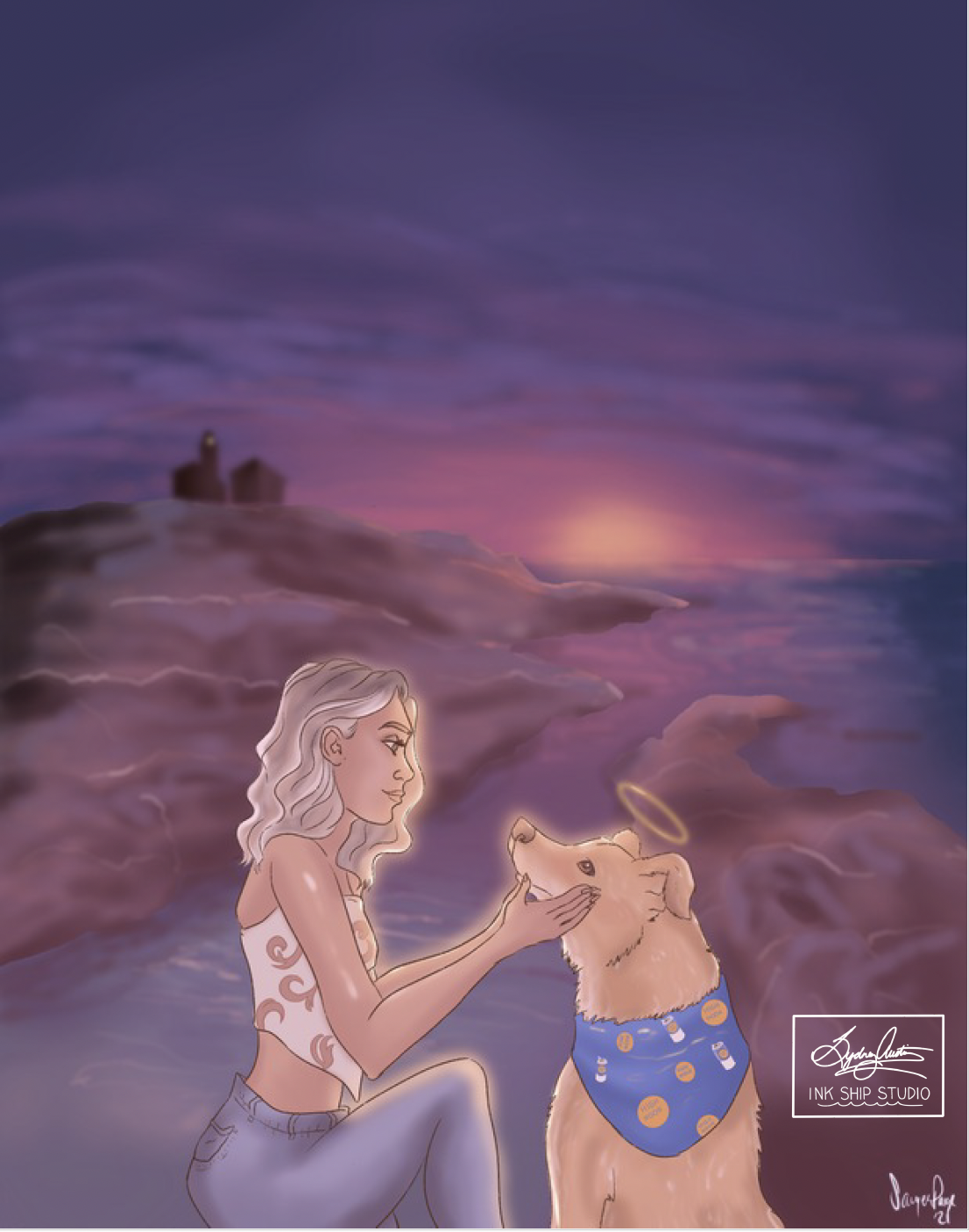 Picture depicting a girl and her dog in front of a sunset over a coastal setting. Memorial to the girl's dog.
