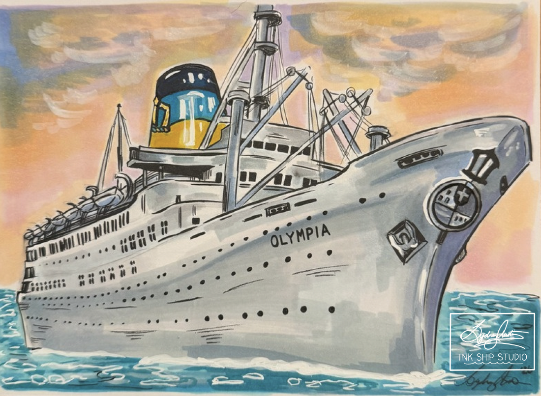 A painting of a large ocean liner named Olympia sailing on the water, with a colorful sunset in the background.