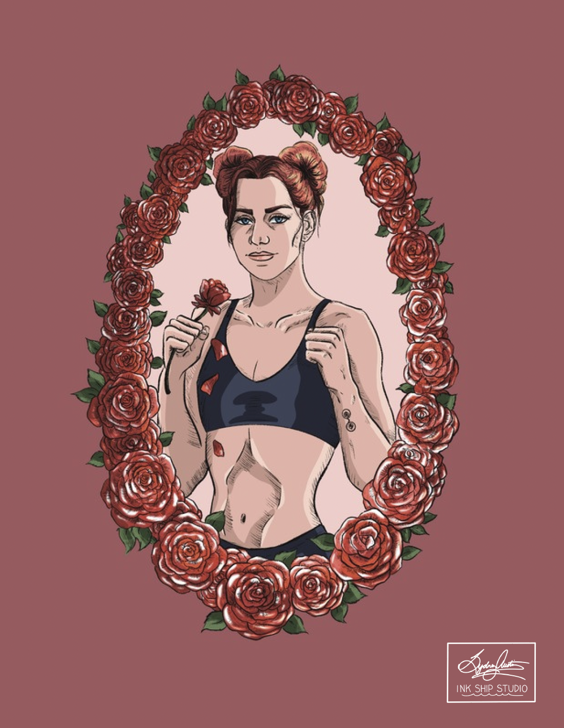 Digital illustration of a woman with red hair in two buns, wearing a sports bra, holding a red rose in front of a background framed by red roses and green leaves, with the logo of Ink Ship Studio in the bottom right corner.