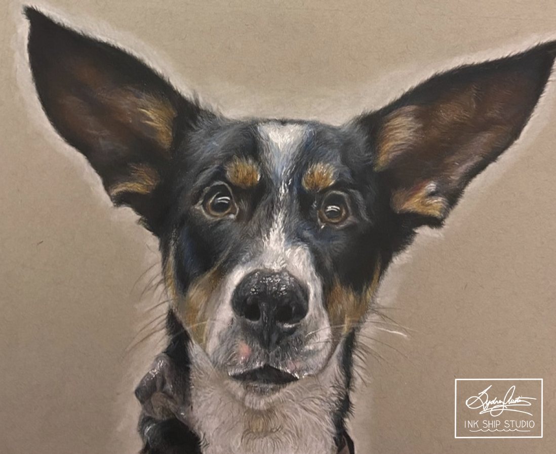 Detailed painting of a dog with large ears and distinctive black, white, and tan markings on its face.