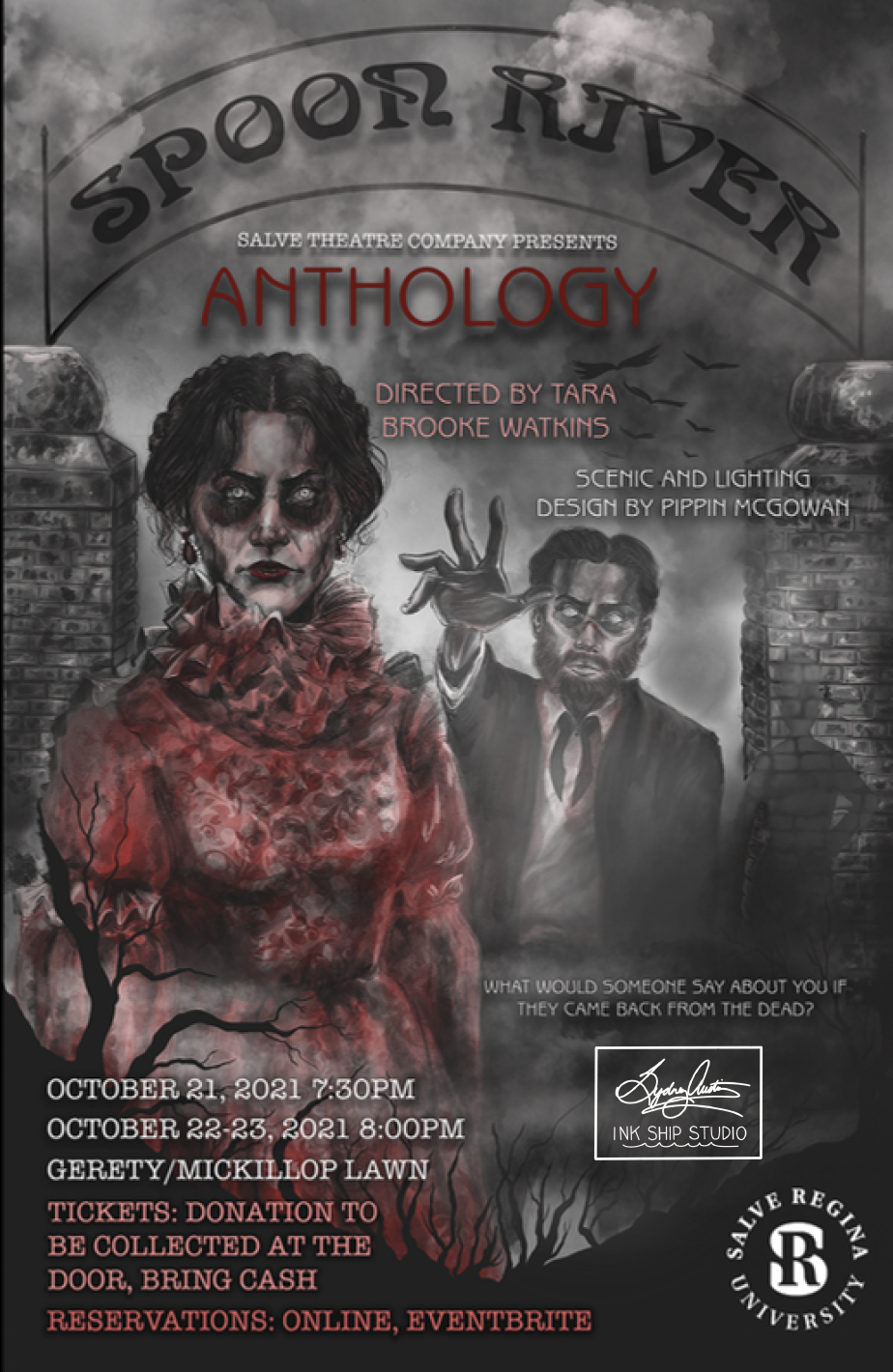 A promotional poster for a theatrical anthology event titled "Spoon River" presented by Salve Theatre Company. The poster features haunting, spooky artwork of a woman with dark makeup and a blood-red dress, and a man in a suit reaching out with his h
