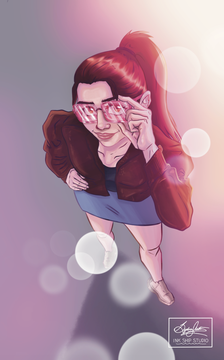Illustration of the artist, Sydney, from a bird's-eye view perspective, in a jacket and skirt, wearing pink sunglasses, smiling under bright light with lens flare effects.