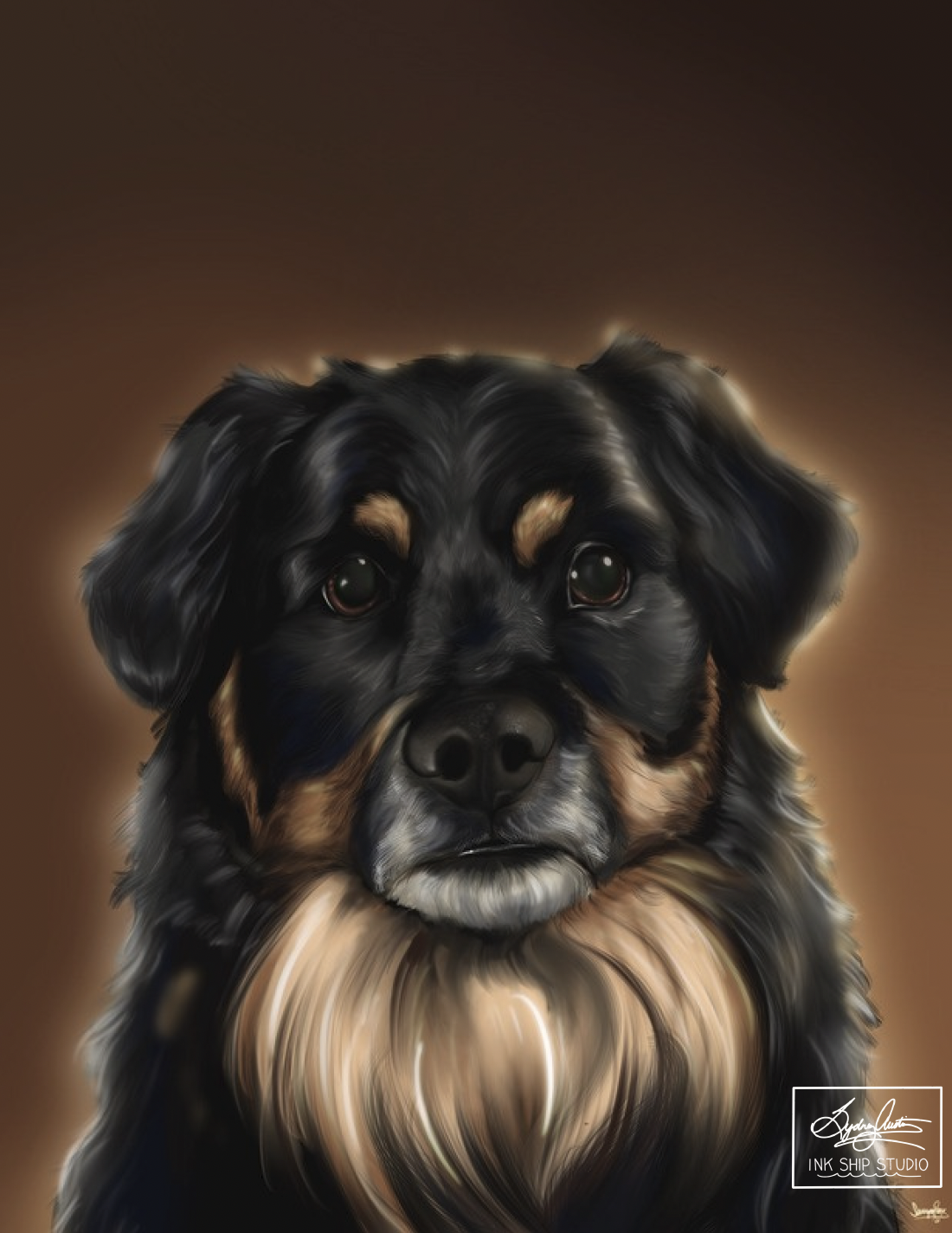 Bernese mountain dog illustrated against a brown gradient background.