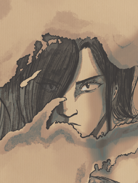 Illustration of a person's face with long dark hair, intense expression, and holding a finger near their eye, surrounded by abstract clouds.