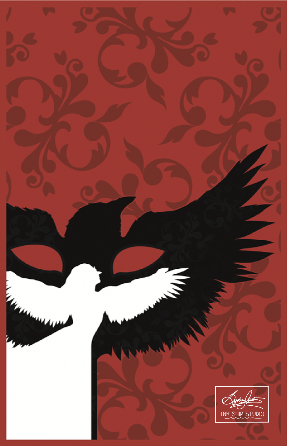 A black raven mask with red eye holes, set against a red ornate, patterned background. A white silhouette of a woman dancing inside the mask.