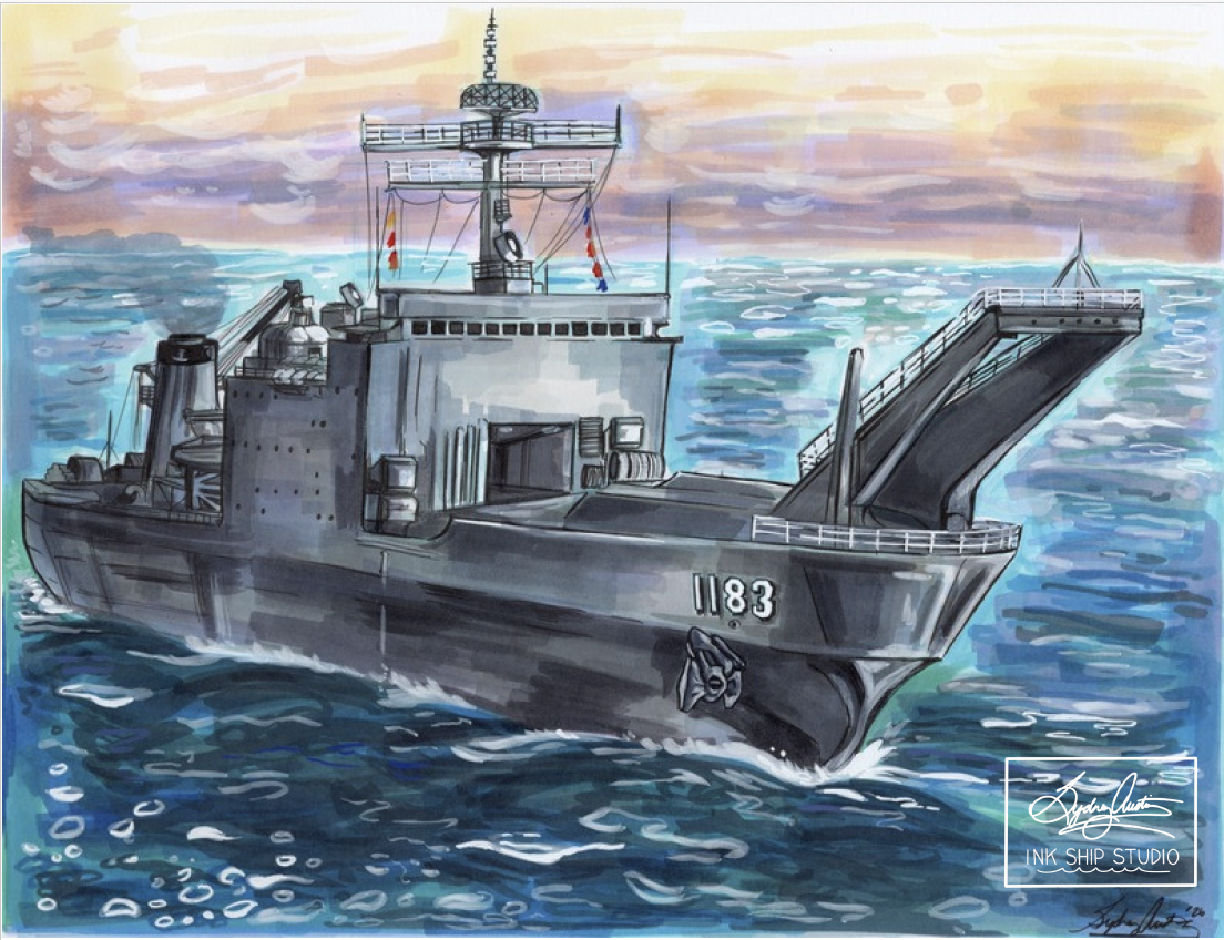 Painting of the naval ship, USS PEORIA, on the ocean at sunset, with a sunset sky and water reflections, displaying the ship's number 83 and various equipment on deck.