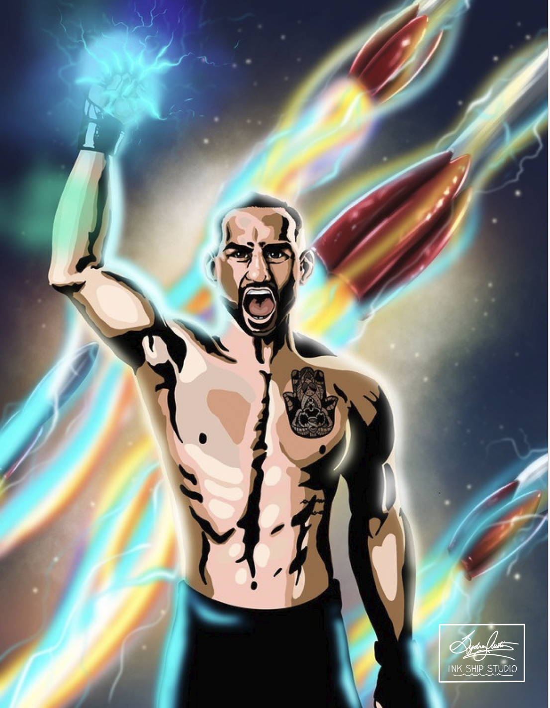 A digital art illustration of pro kickboxer, Ross "Turbo" Levine, with a tattoo on his chest, holding a lightning bolt in his raised hand, with a fierce expression, set against a cosmic background with colorful lightning and rockets in the background