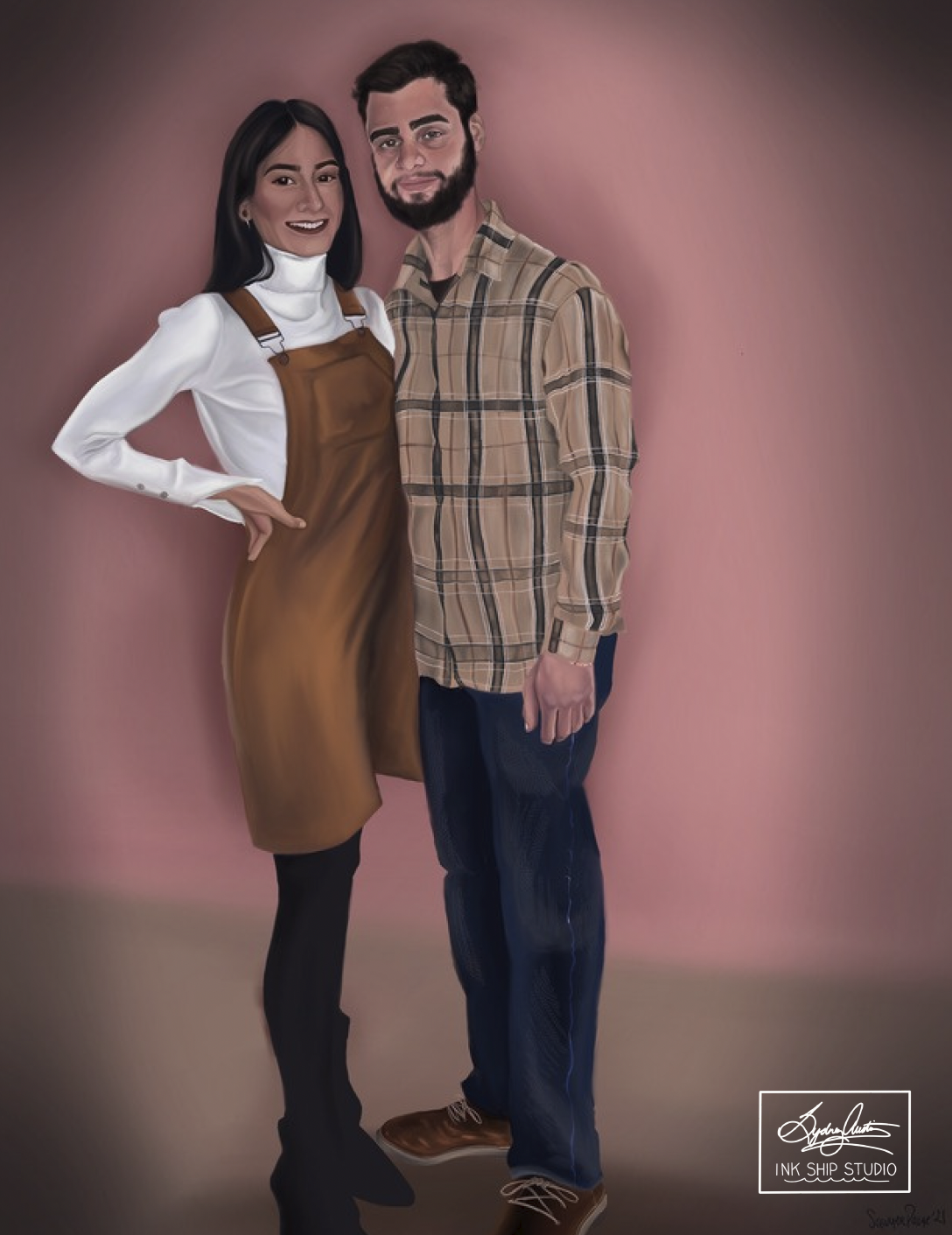 Digital illustration of a  standing together against a pink background. The woman has long dark hair, is smiling, and is wearing a white blouse with a brown jumper dress, and black tights. The man has a beard, short dark hair, and is wearing a plaid 