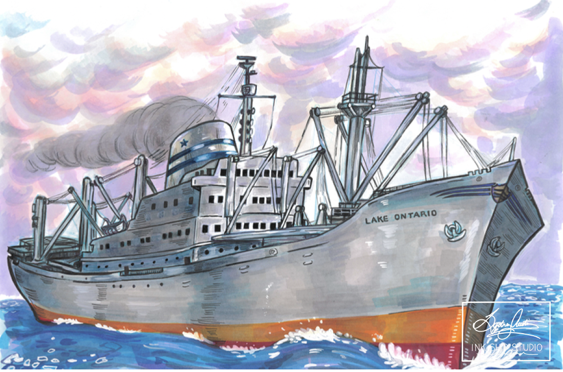 A painting of a large passenger ship titled Lake Ontario sailing on water with colorful clouds in the sky.