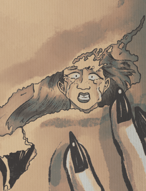 A hand with two fingers holding a torn comic book page showing a woman with long hair and a distressed expression in distress, with torn edges and a cloudy background.