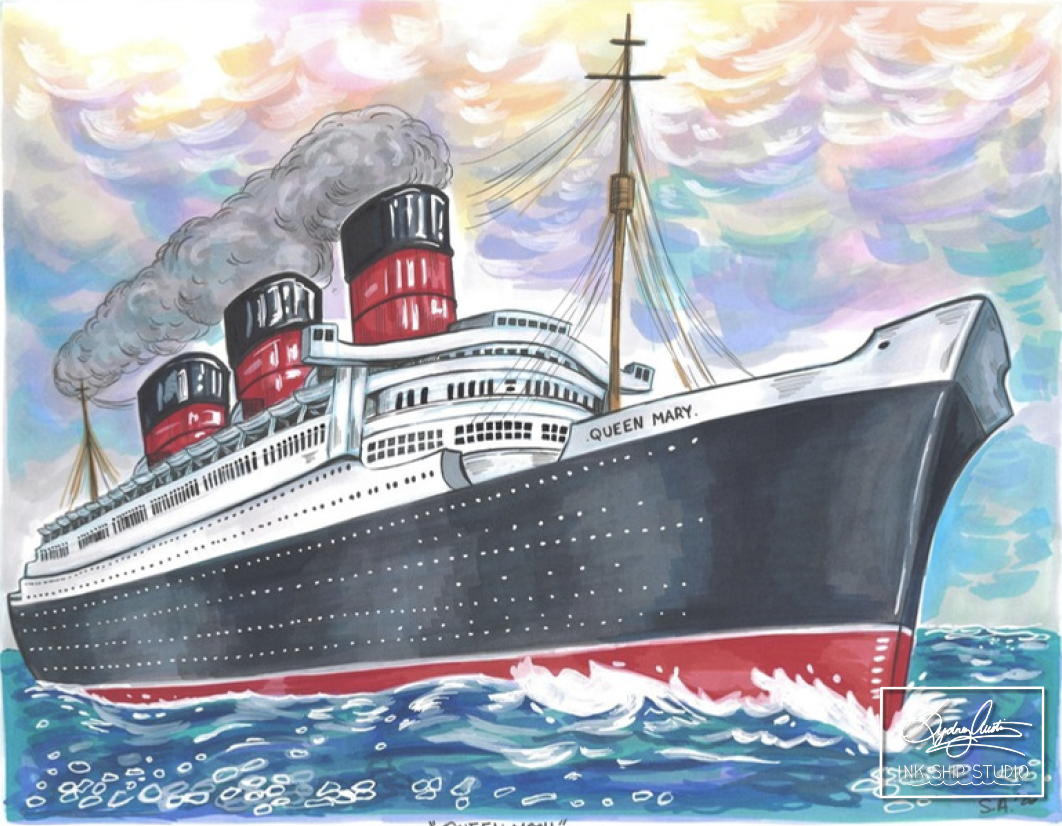 Painting of the Titanic cruise ship, labeled 'Queen Mary,' sailing on the ocean with a colorful sunset sky, with four large smokestacks emitting black smoke.