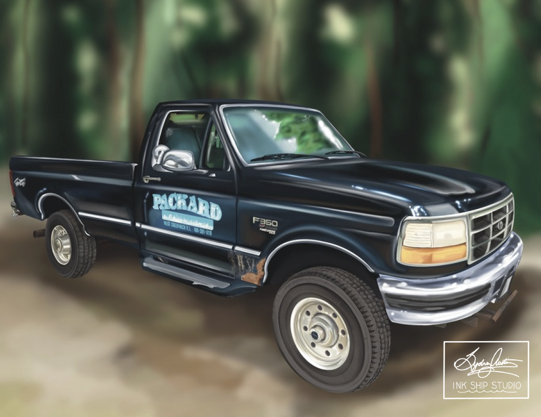 A black Ford F-350 pickup truck with a blue and white sign on the door that reads 'Packard,' parked on a dirt path in a forest with green trees in the background.