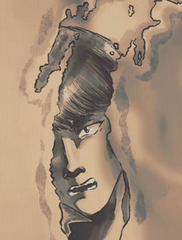 Artistic illustration of a person with intense expression, with smoke and flames forming around their head.